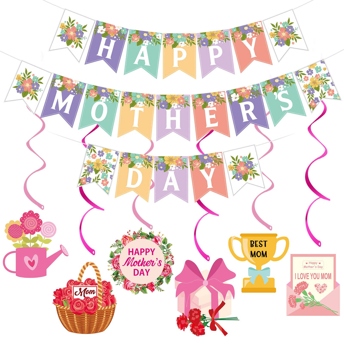 Happy Mothers Day Banner and Mothers Day Hanging Swirls Decorations Happy Mother's Day Sign Banner Decorations for Mother's Day Party Photo Props Backdrop