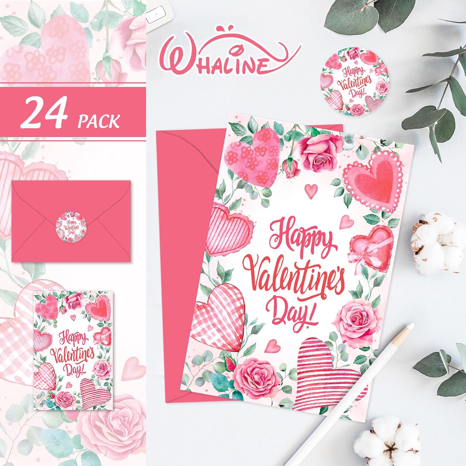 24 Pcs Valentine'S Day Greeting Cards Blank Note Cards With Envelopes And Stickers Pink Rose Heart Greeting Cards For Invitations Party Supplies, 4 X 6 Inch