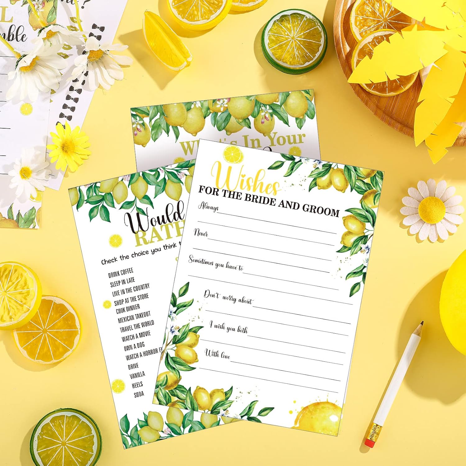 220 Pcs Lemon Bridal Shower Games Set Wedding Shower Game Supplies Include Bridal Games Cards And Pencils For Bachelorette Engagement Party Decorations Favors