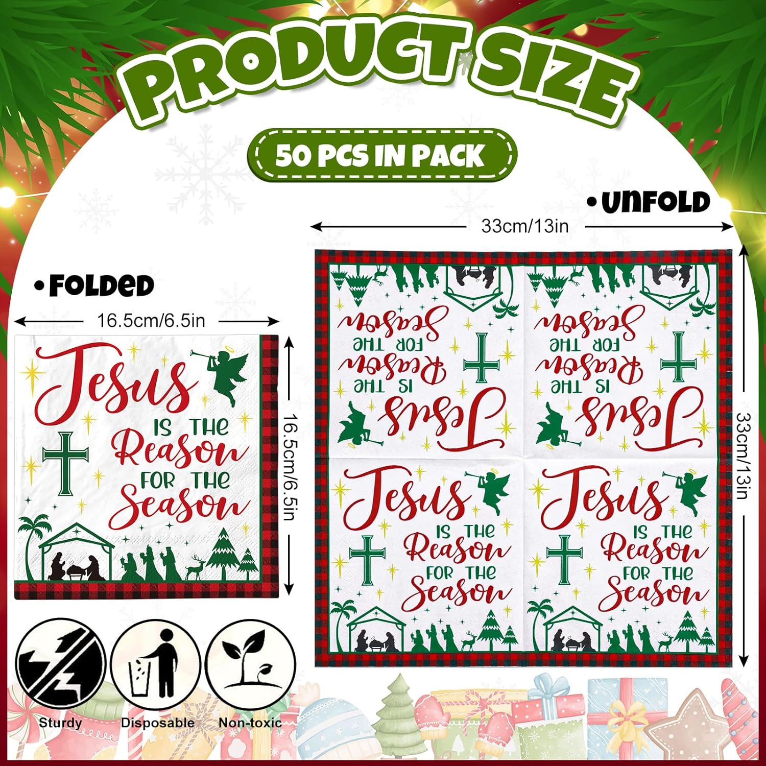 50Pcs Christmas Nativity Paper Napkin Plaid Christian Disposable Napkin Holy Night Dessert Dinner Hand Napkin For Xmas Holiday Party Supplies