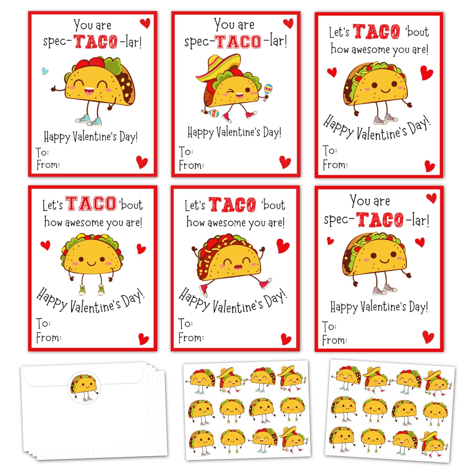 Taco Valentines Day Cards Gifts For Kids School, 24 Pack Taco Valentine ...