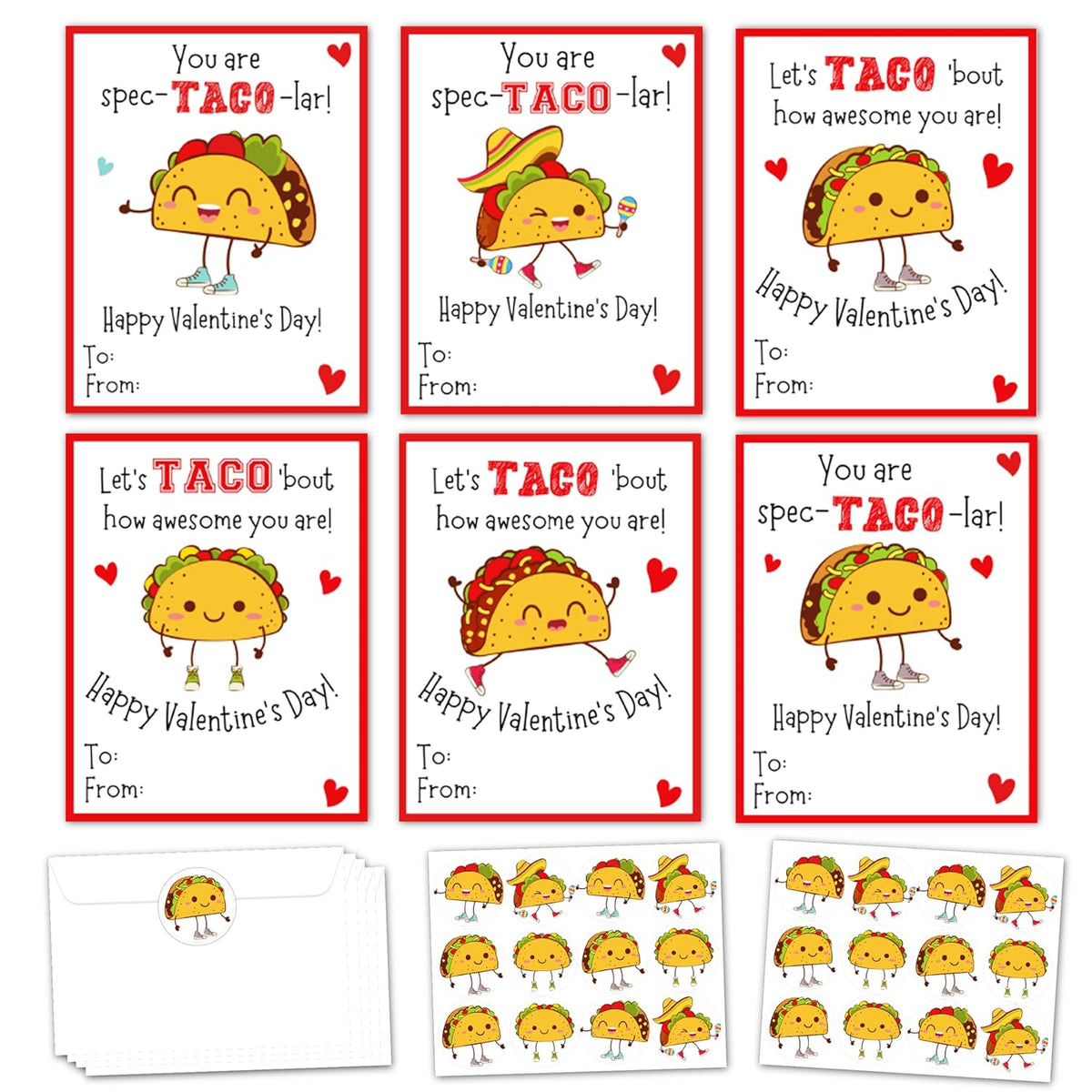 Taco Valentines Day Cards Gifts For Kids School, 24 Pack Taco Valentine Classroom Exchange Cards For Boys Girls