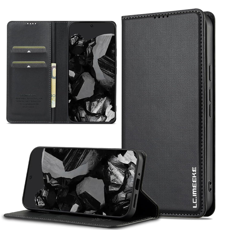 Pixel 9/9 Pro Case, PU Leather Wallet Flip with Card Holder, Black