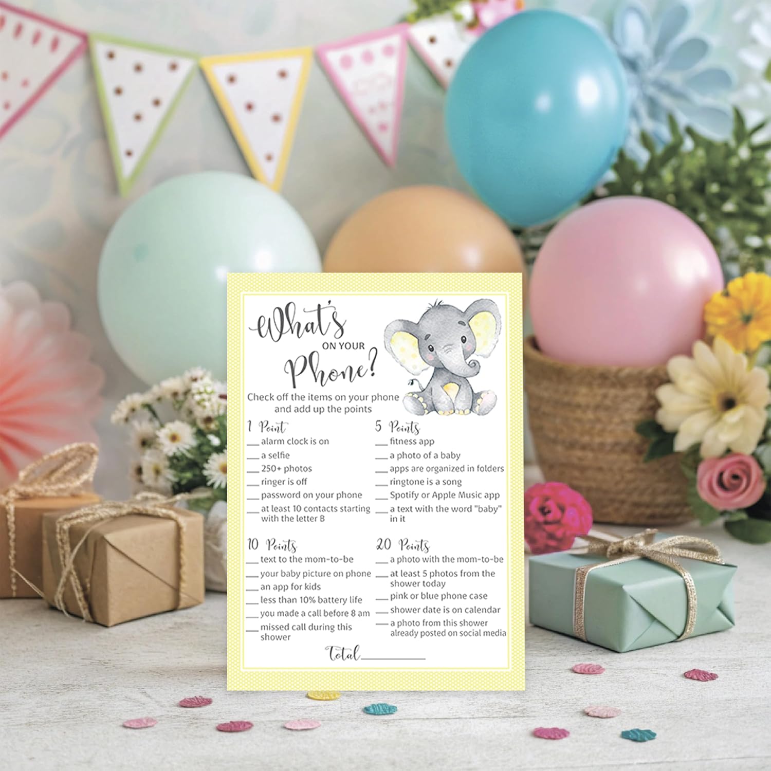 Gender Neutral Baby Shower Games — What'S On Your Phone Game — Pack Of 25 — Cute Yellow Elephant Little Peanut Theme, Couples Shower Activity, Gender Reveal Party, Sprinkle, Sip & See G521-Phn
