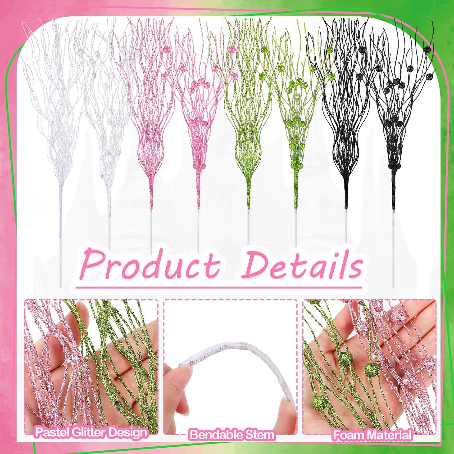 48 Pcs Green And Pink Berries Stems Artificial Christmas Picks For Christmas Tree Ornaments Wreath, Glittering Branches Xmas Tree Wreaths, Gift Vases, Holiday And Witch Party Decoration