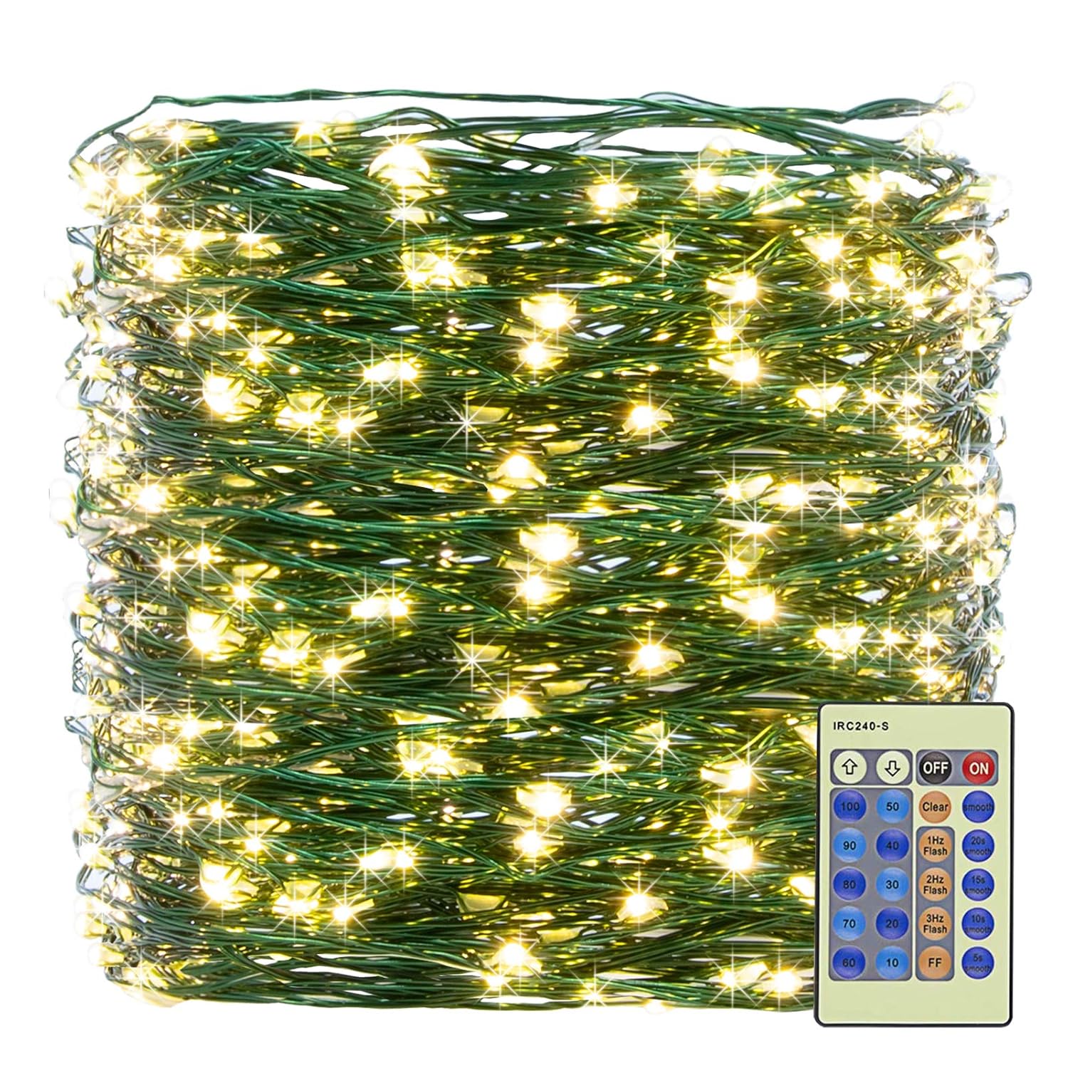Outdoor Indoor String Lights Christmas 300Led Warm White Fairy Lights 99Ft Green Wire Dimmable With Remote Control, Wate