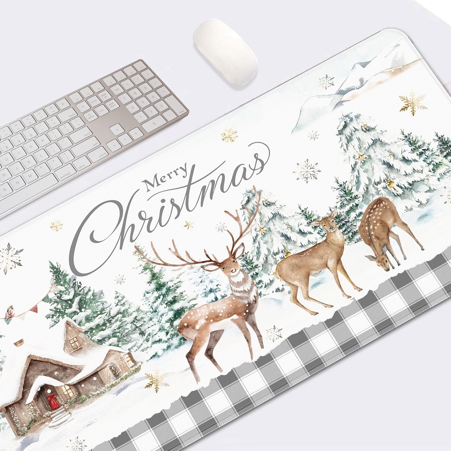 Merry Christmas Deer Golden Snowflakes Large Gaming Mouse Pad Pine Tree House Non-Slip Keyboard Desk Pad Keyboard Mouse Mat For Gamer,Office & Home,31.5 X 15.7 In
