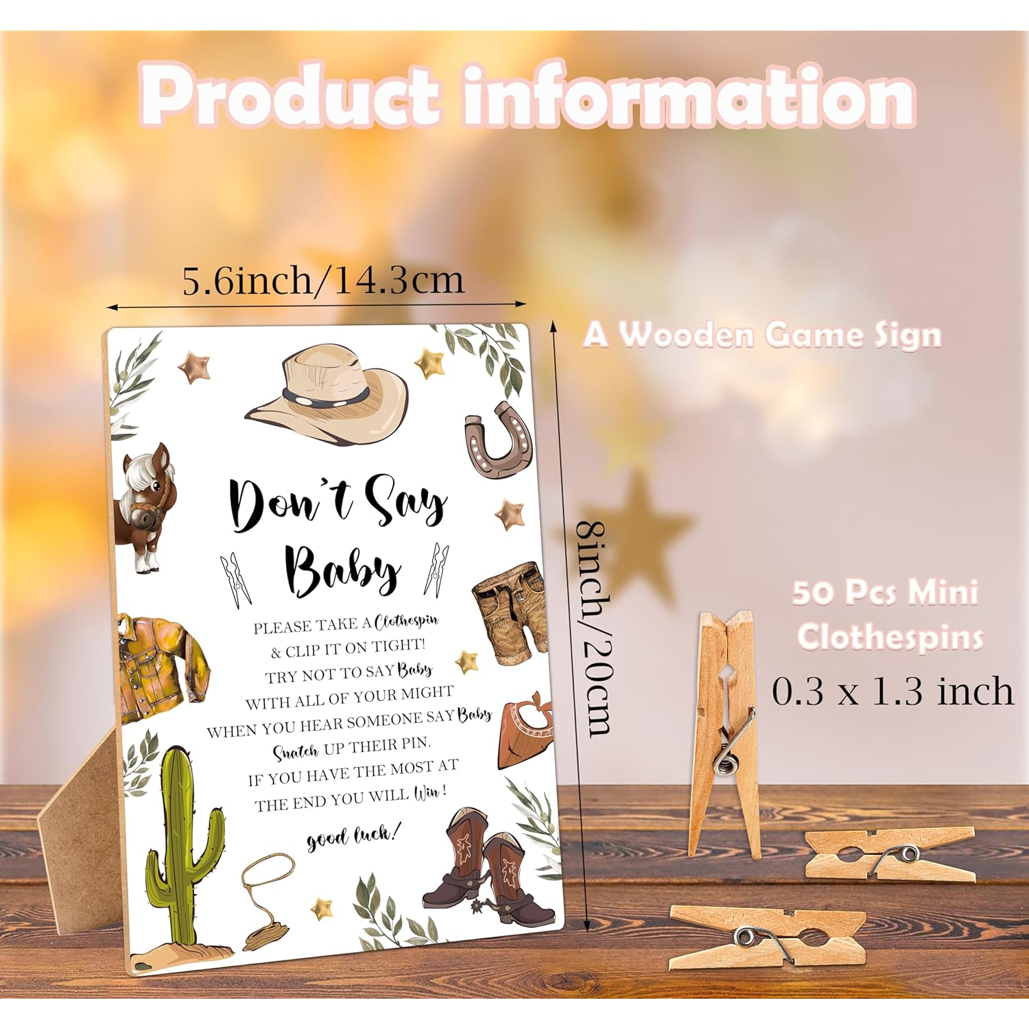 Don'T Say Baby Clothespin Games Sign, Cowboy Baby Shower Games, 1 Wooden Sign With 50 Mini Clothespins, Game Activity For Baby Shower, Gender Reveal Party Favors Decorations