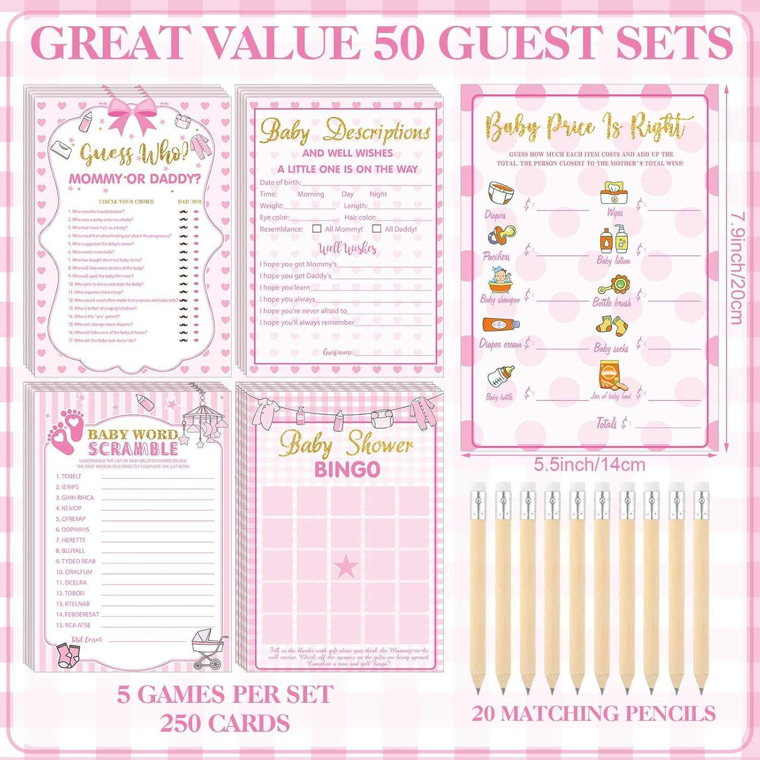321 Pcs Pink Baby Shower Games For Girl 5 Games Baby Shower Bingo Word Scramble Description And Well Wishes The Price Is Right Guess Who Mom Or Daddy Don'T Say The Word Clothespin Pencil