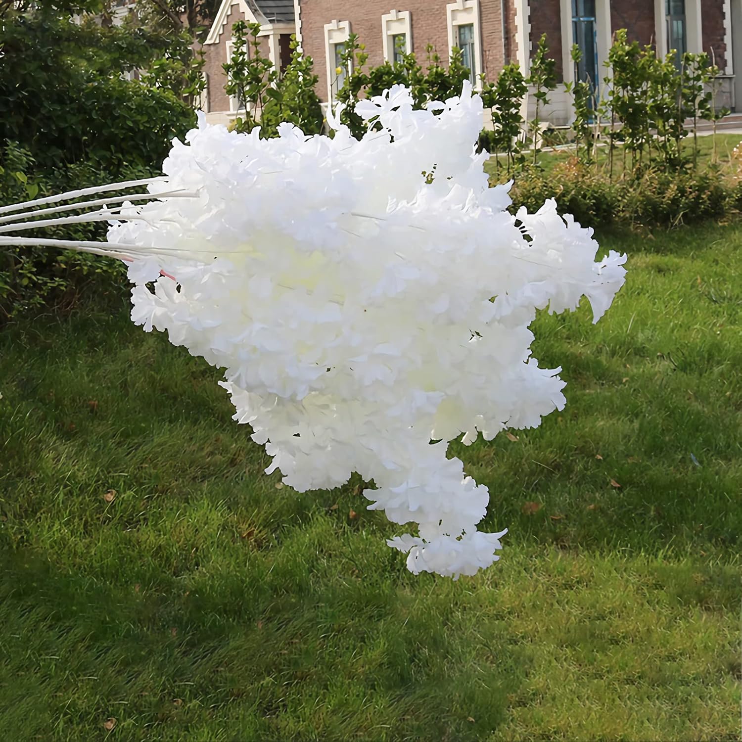 Artificial Faux Cherry Blossom Branches Decor, 35 Inch For Tall Floor Vase Used As Wedding Home Decoration, Fake White Flowers For Dinner Table Centrepiece, White, 5Pcs