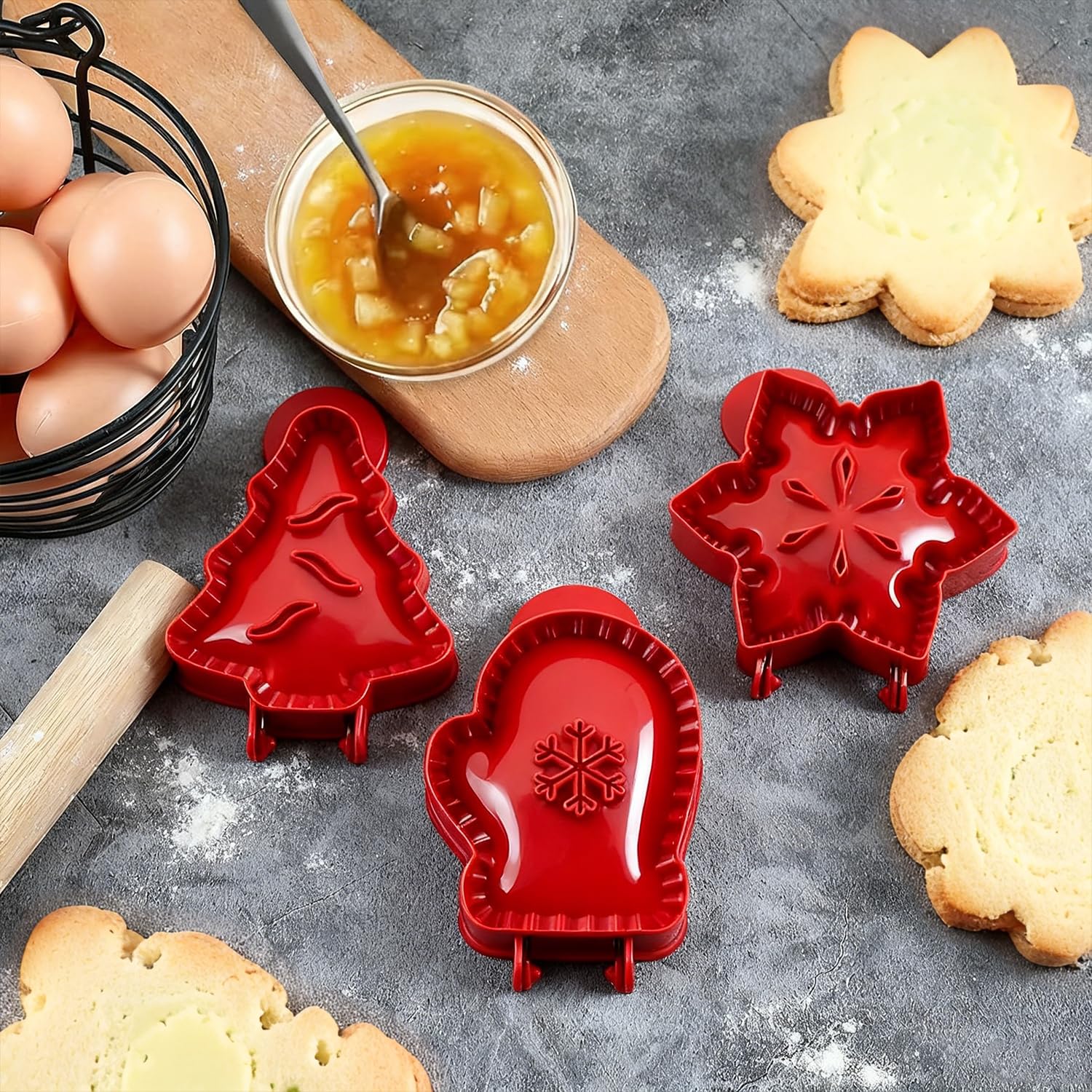 Holiday Mini Pie Mold, 3Pcs Christmas Baking Hand Pie Press Mold Maker With Snowflake, Mitt & Xmas Tree, Party Potluck Hand Pie Molds For Festivals And Parties