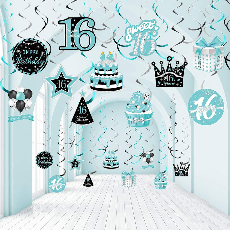 30 Pieces 16Th Birthday Hanging Swirl Decorations, Teal Silver Black B