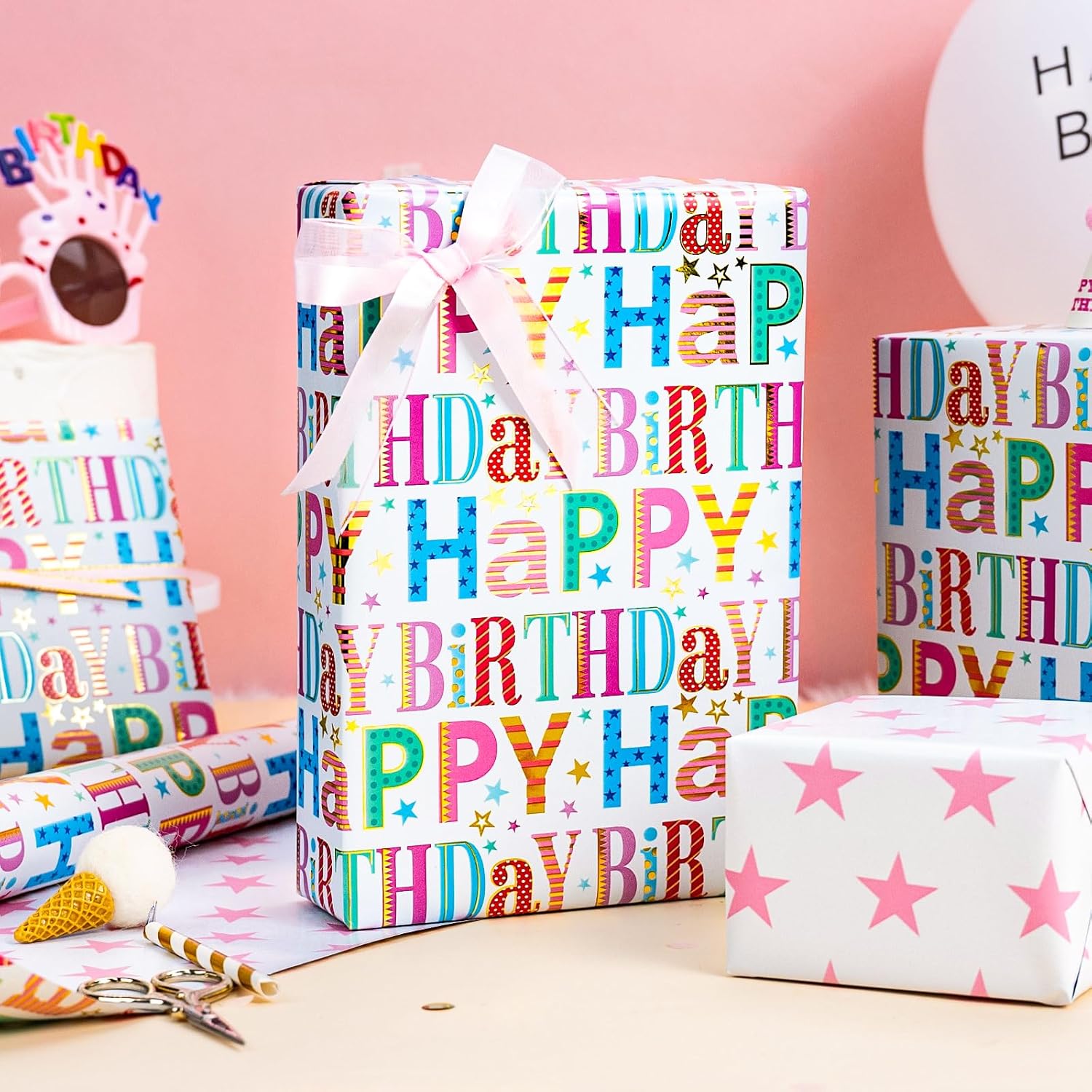 Birthday Wrapping Paper Roll - Colorful Happy Birthday Letters With Metallic Foil Shine & Pink Stars Reversible Gift Wrap For Baby Shower, Party, Holiday - Mini Roll - 17 Inch X 16.5 Feet