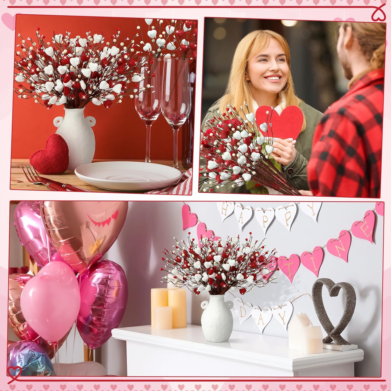 8 Pack Valentine'S Day Artificial Glitter Berry Flower Stems Heart Shaped Berry Picks 16 Inch Stems Valentine'S Day Gifts Flower For Party Wedding Decor(Red, White)