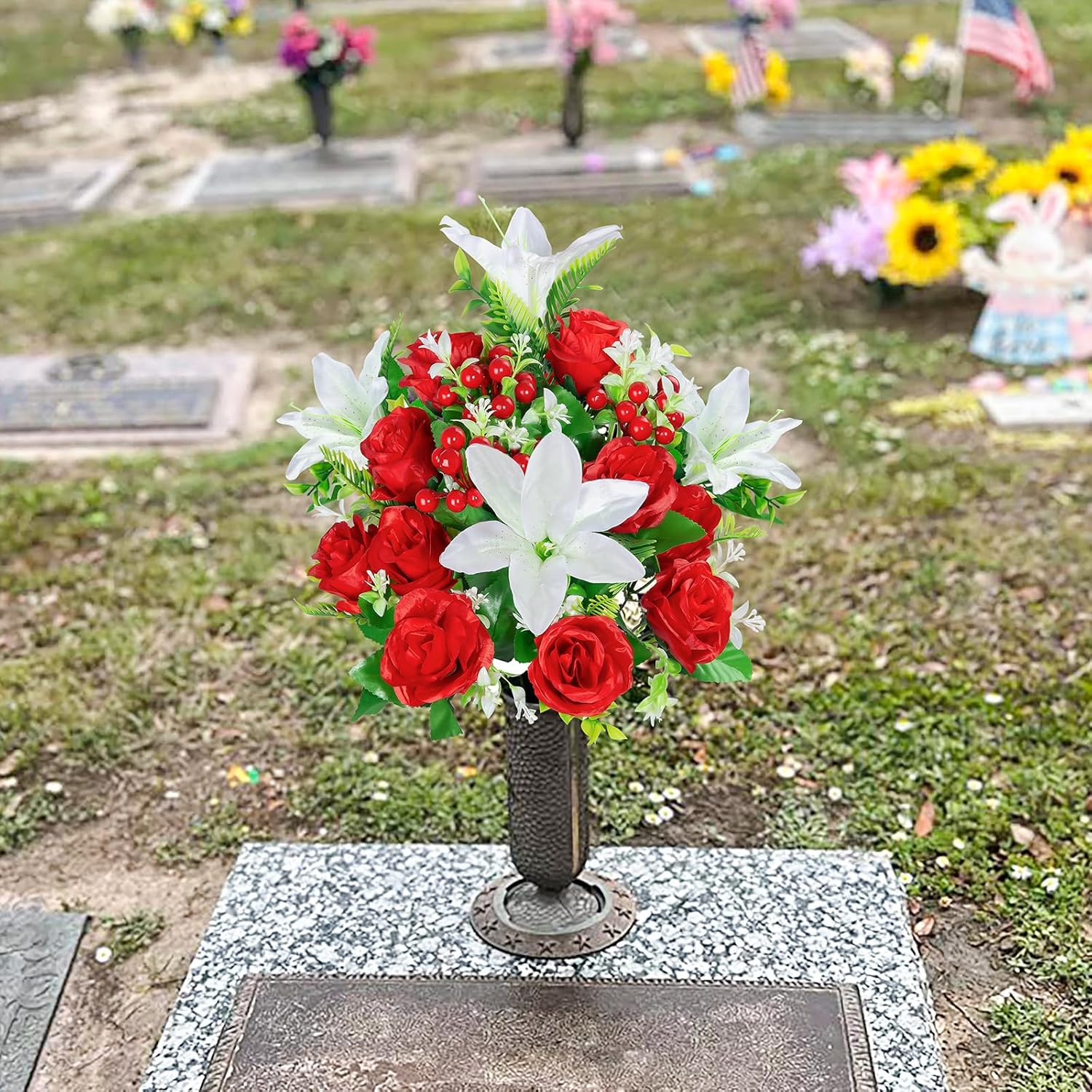 Artificial Cemetery Flowers With Vase, Set Of 2 Rose Lily Bouquet Graveside Decoration, Artificial Memorial Flowers For Easter Mother'S Day Arrangements
