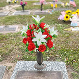 Artificial Cemetery Flowers With Vase, Set Of 2 Rose Lily Bouquet Graveside Decoration, Artificial Memorial Flowers For Easter Mother'S Day Arrangements