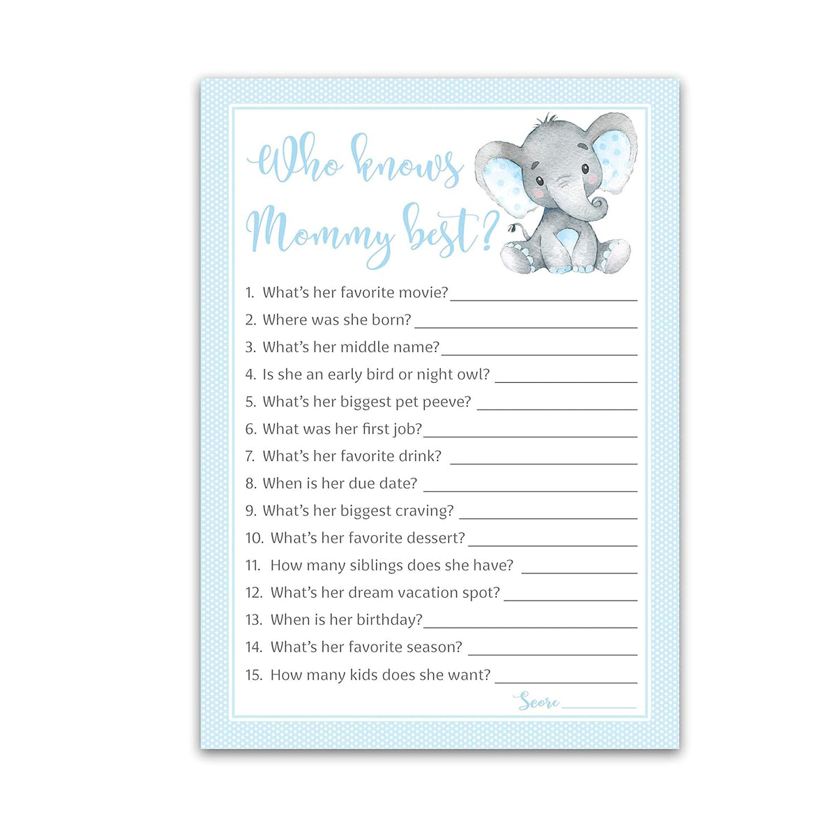 Blue Elephant Baby Shower Games Who Knows Mommy Best - Pack Of 25 - Peanut Theme Boy Baby Shower Game, New Parent Couples Fun Guessing Game Shower Activity, Questions Mom-To-Be Polka Dot G501-Wkm