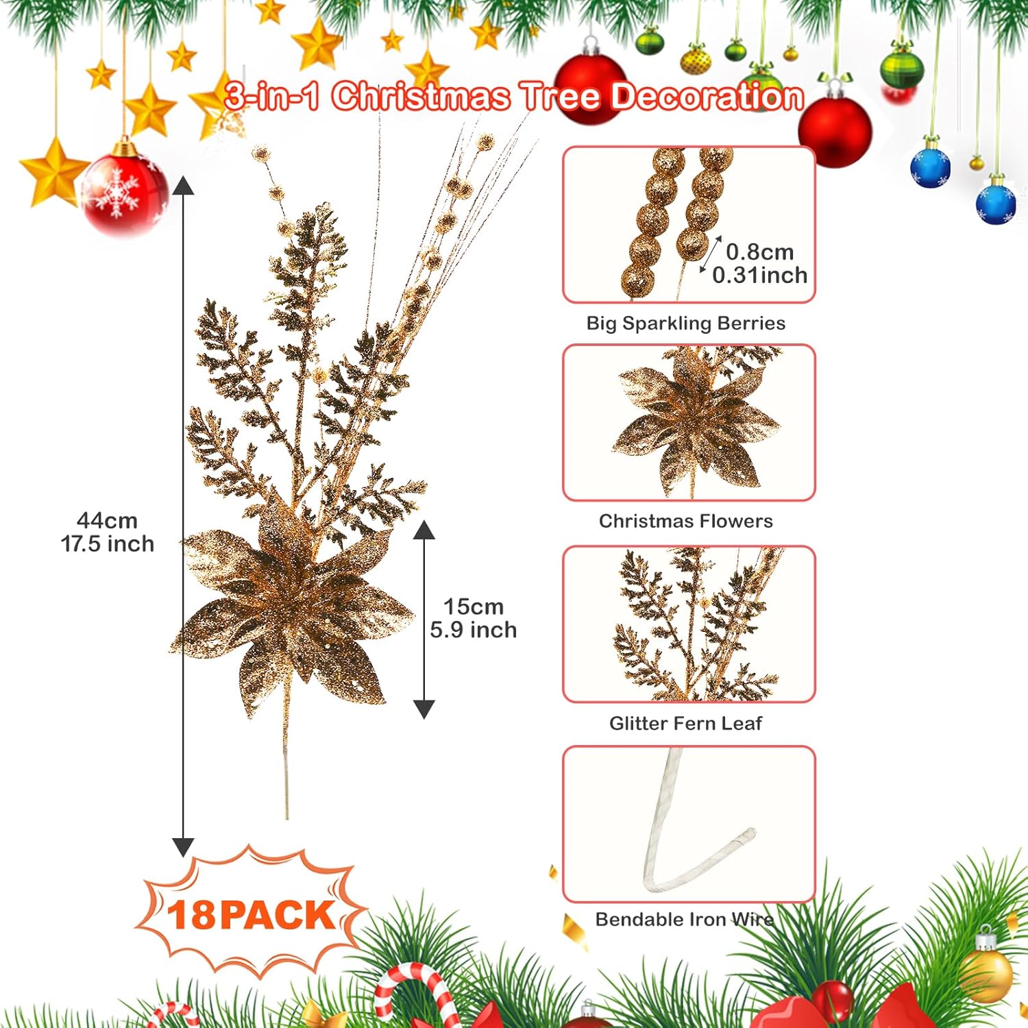 Artificial Glitter Berry Stem Ornaments, 18 Pack 17.5 Inch Rose Gold Fake Christmas Picks Decorations With Poinsettia Christmas Flowers, Bead Sticks For Christmas Tree Wedding Small Vase Wreath Decor