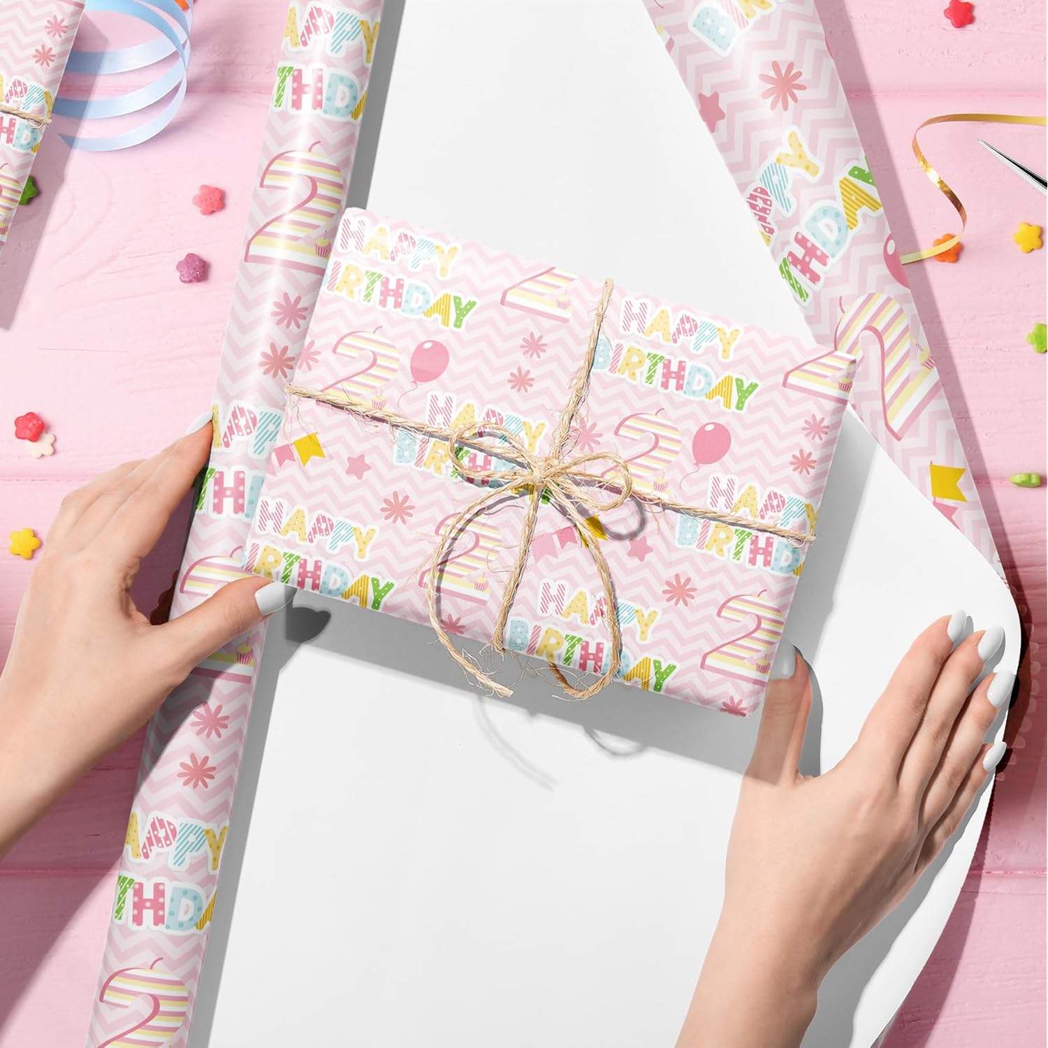2St Birthday Wrapping Paper Roll - Pink Happy Birthday With Balloon Gift Wrap Sheets For Kids Girls Baby Shower Party Decoration Celebration Total 28.5Sq.Ft