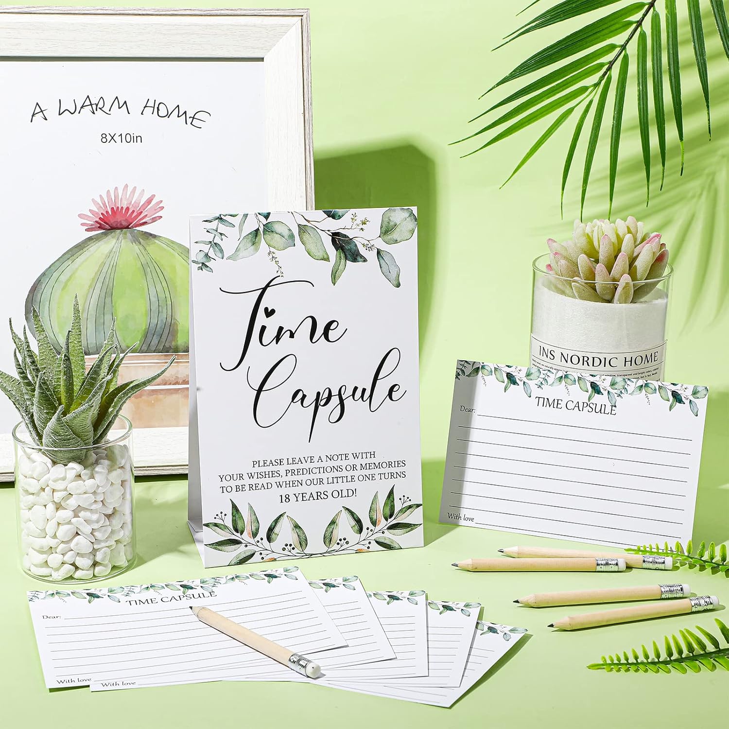61 Pcs Time Capsule First Birthday Greenery Baby Shower Games Time Capsule Sign For 1St Birthday Party Games With 50 Message Cards 10 Pencils For Baby Shower Guests Keepsake Activities