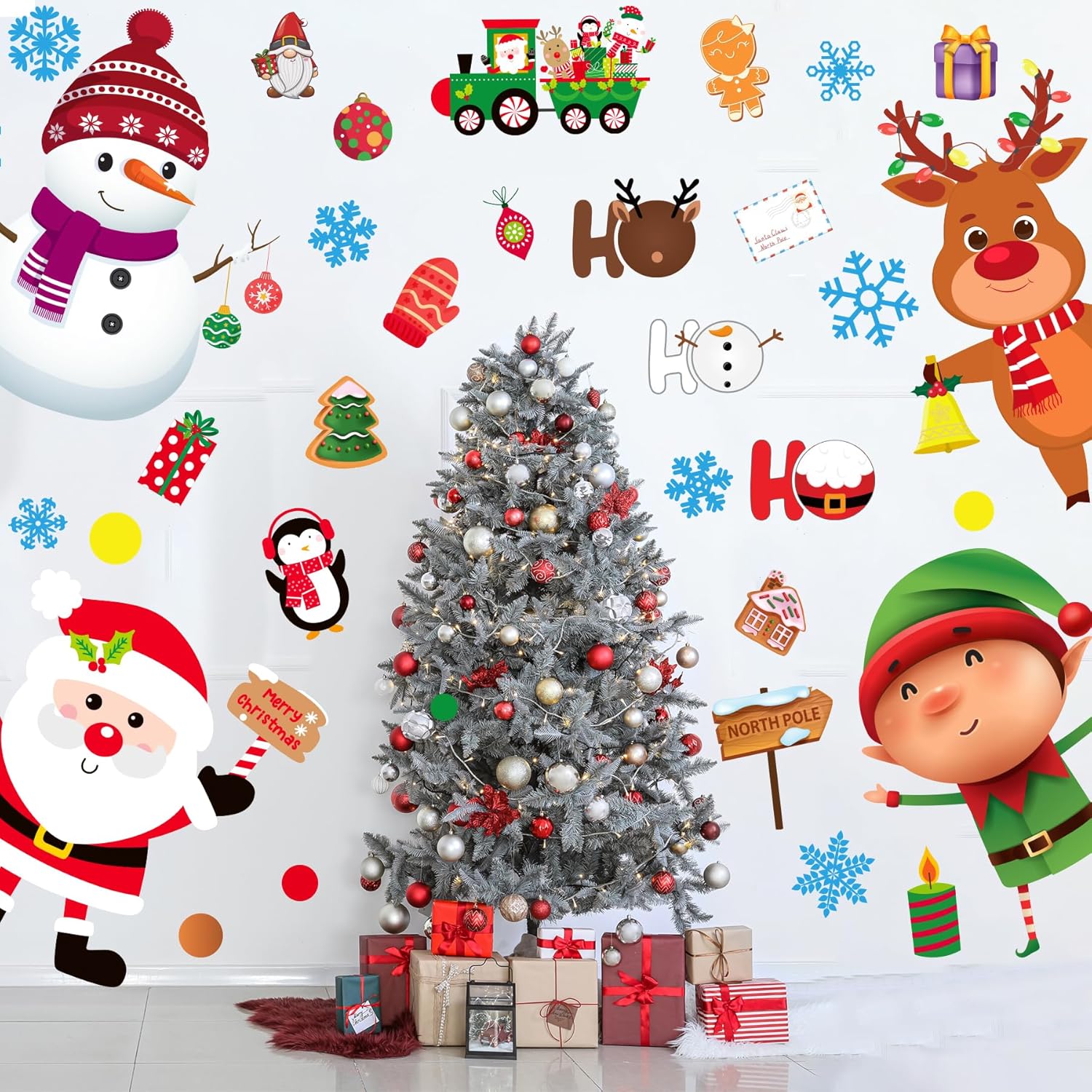 Christmas Door Wall Sticker Decal Removable Large Snowman Santa Reindeer Elf Door Decor Xmas Classroom School Office Bedroom Wall Decoration With Snowflake Merry Christmas Holiday Winter Decor