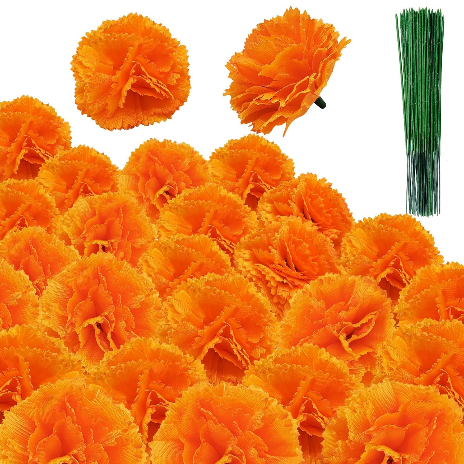 Marigold Flowers Artificial - 80 Premium Silk Flower Heads With 30 Stems For Diwali Decor, Day Of The Dead Altar, Handmade Garland Making (2" Blooms, Reusable) (Orange 80)
