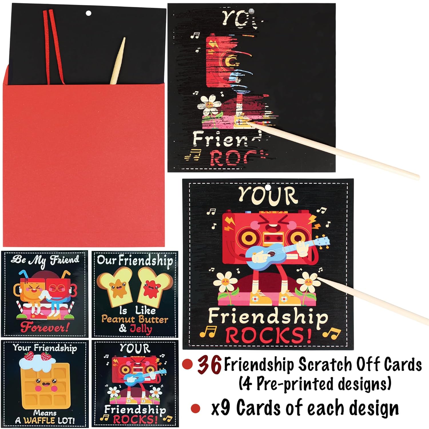 Valentines Scratch Off Cards | 36 Cards, 4 Designs Valentines Set | 5” X 5” Pre Designed Friendship Exchange Cards | Classroom Party Valentines Gifts | Envelopes, Strings, Sticks Included