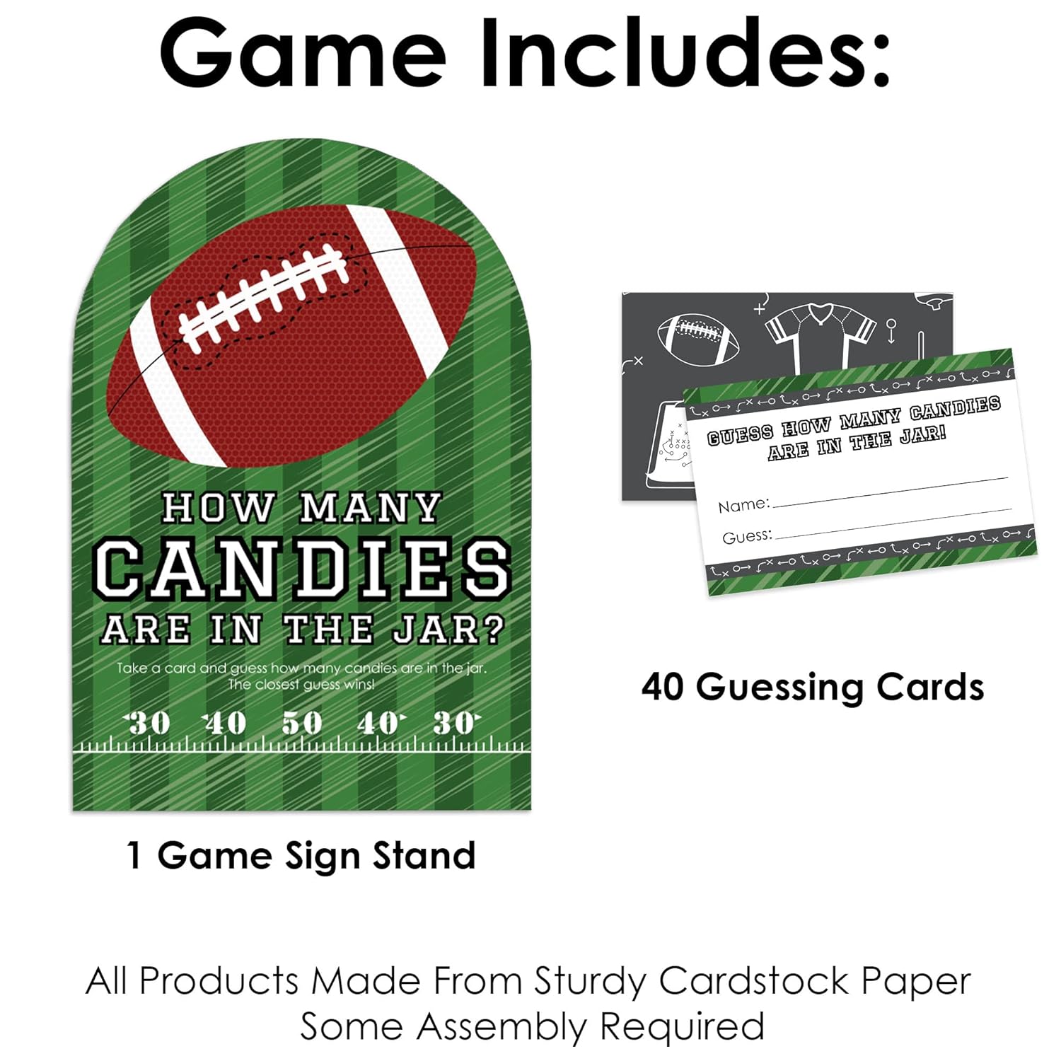 Big Dot of Happiness End Zone - Football - How Many Candies Baby Shower or Birthday Party Game - 1 Stand and 40 Cards - Candy Guessing Game