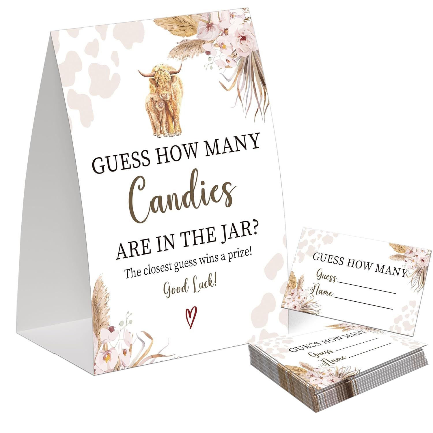 Boho Cow Guess How Many Candies Are In The Jar Game For Baby Shower, Pack Of One 5X7 Sign And 50 Guessing Cards, Cow Baby Shower Decoration, Gender Neutral Party Supplies - Gc05
