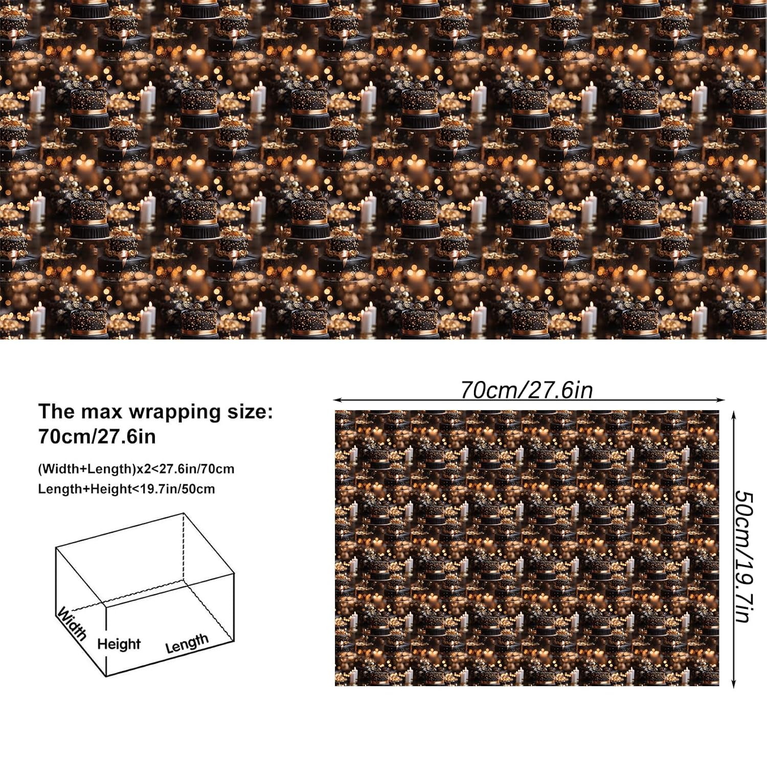 Birthday Wrapping Paper - 6 Black Gold Style Gift Paper For Men, Women, Kids - 20 X 28 Inch, Folded Flat (6 Sheet Recyclable)