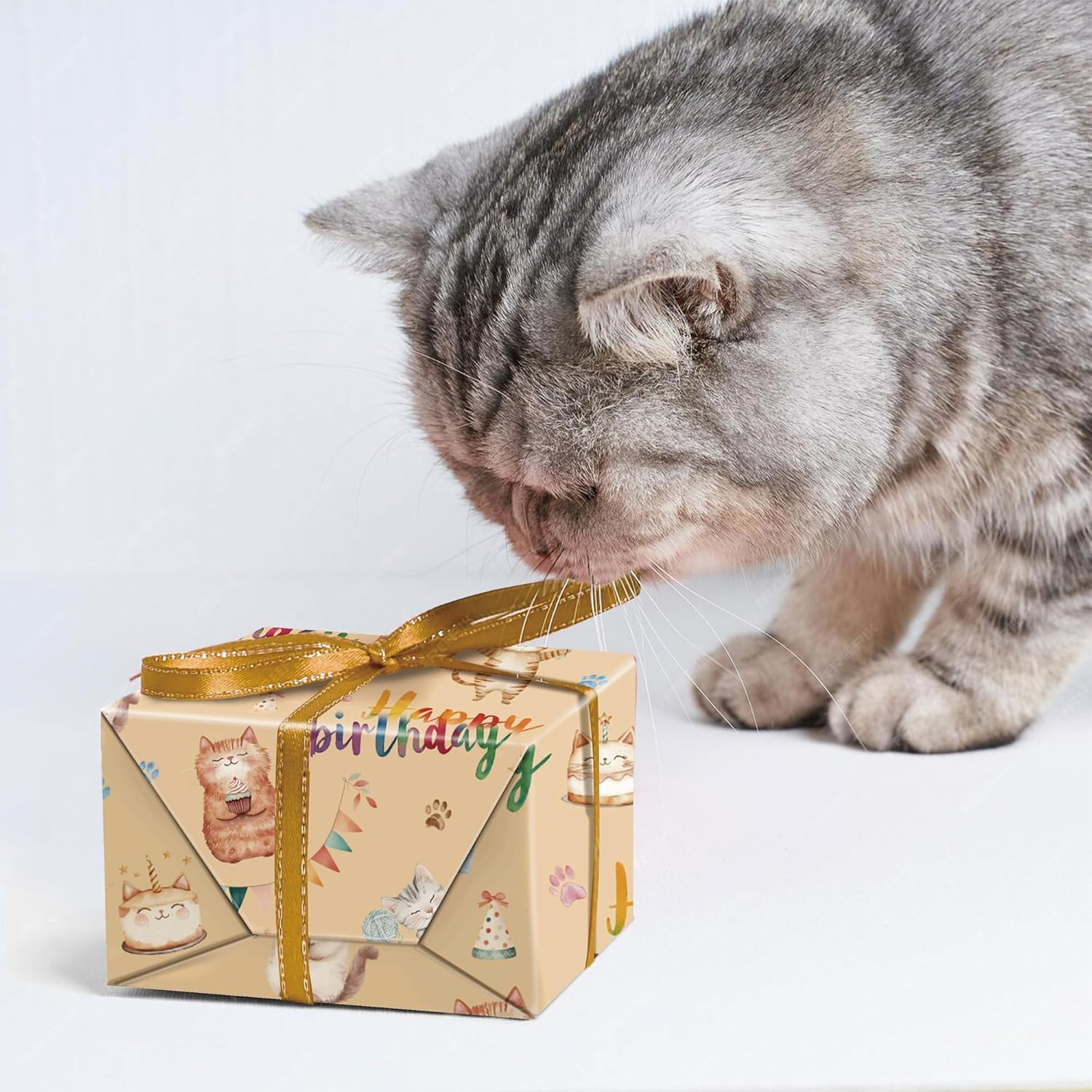 Cat Birthday Wrapping Paper For Kids Adults - Funny Watercolor Gift Wrap With Cute Cat Happy Birthday Balloons Cake Candy And Paw For B-Day, Baby Shower - 28X40 Inches, 4 Sheets