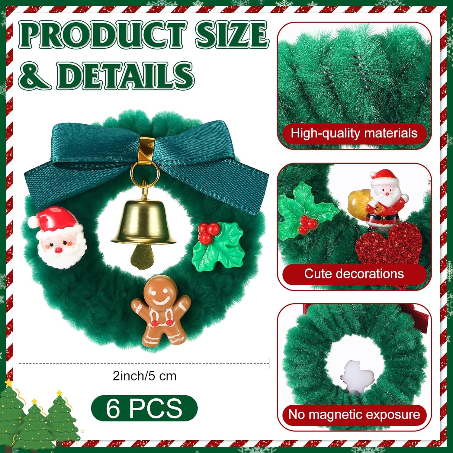 6 Pcs Mini Christmas Wreath Refrigerator Magnets Mini Christmas Garland Decorative Fridge Door Magnetic Stickers New Year Holiday Decorations Xmas Stickers For Fridge Metal Door