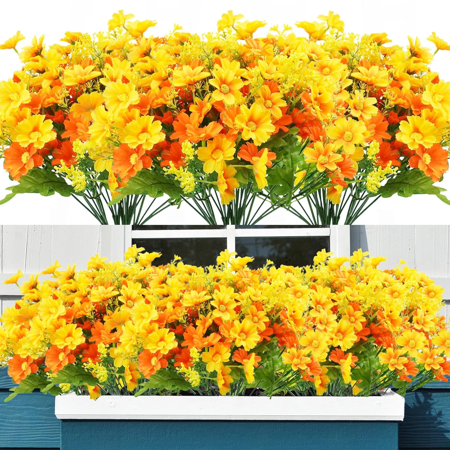 24 Bundles Artificial Fall Flowers For Outdoors Fake Daisy Mums Flowers Uv Resistant Autumn Flowers No Fade Indoor Outside Home Wedding Garden Porch Fall Décor (Orange Yellow)