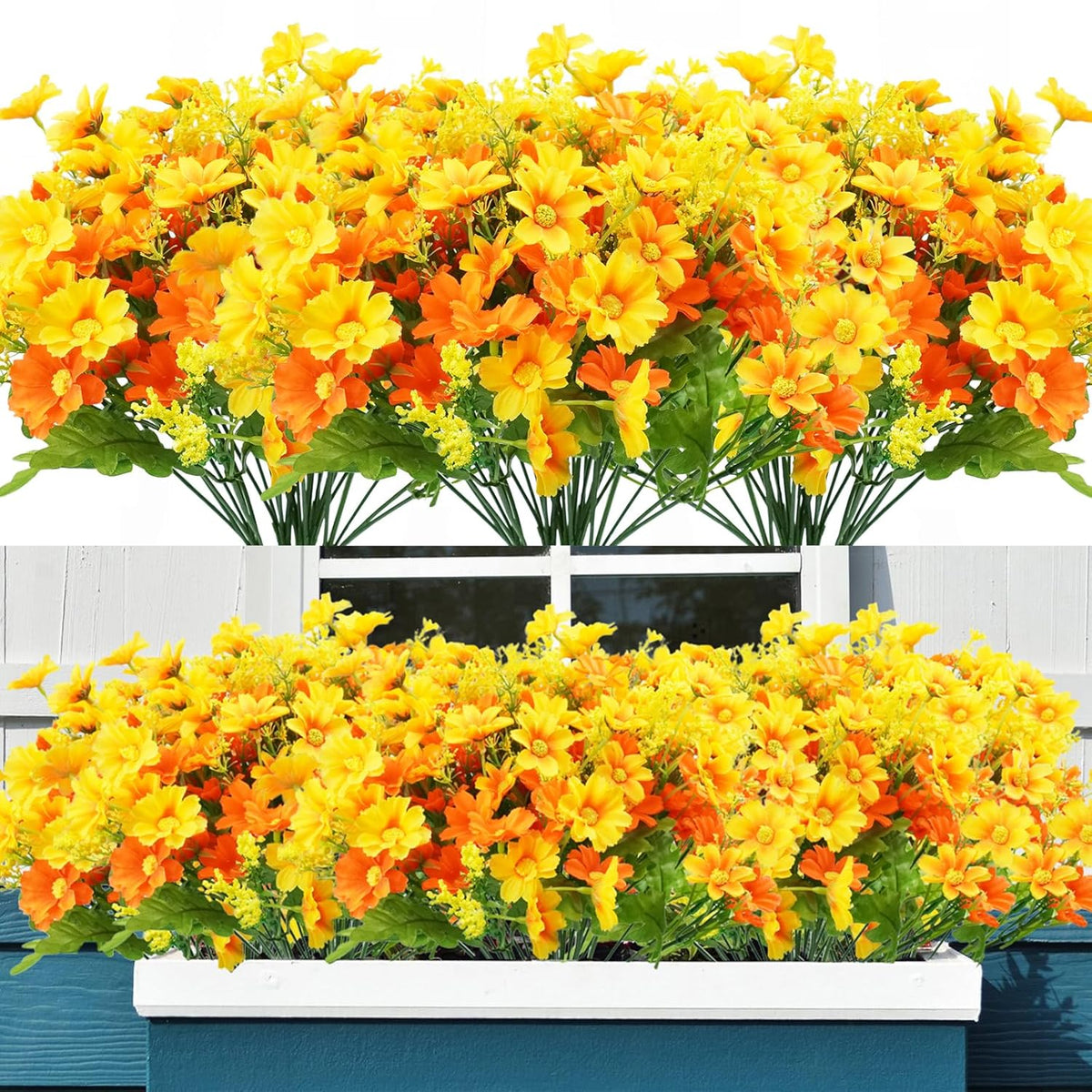 24 Bundles Artificial Fall Flowers For Outdoors Fake Daisy Mums Flowers Uv Resistant Autumn Flowers No Fade Indoor Outside Home Wedding Garden Porch Fall Décor (Orange Yellow)