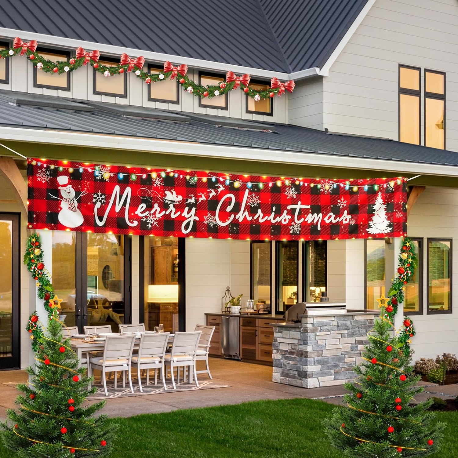 Solar Large Merry Christmas Banner, 120" X 20" Led Lighted Xmas Decoration Red Buffalo Plaid Hanging Huge Sign, Holiday Party Supplies Home Decor For Outdoor,Yard,Garden,Porch,Lawn (Plaid-Snowman)