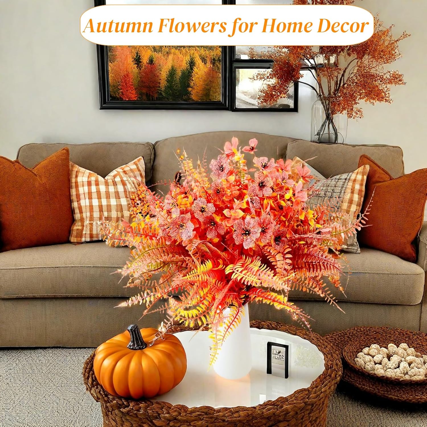 Artificial Fall Flowers ,12Pcs Thanksgiving Decorations, Outdoor Uv Resistat Silk Violet Boston Fern Flowers Bunches,Fake Mums Faux Plants For Outside Garden Front Porch Sidewalk Window Box (Orange-2)