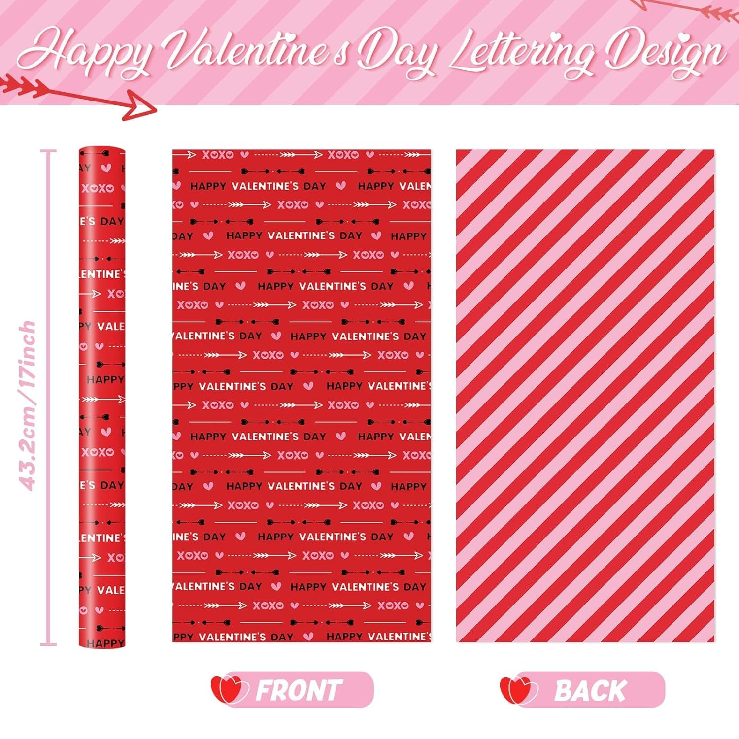 Valentines Wrapping Paper Roll - 1 Roll 17”X 33Ft Red Happy Valentines Day Gift Wrap Supply Love Heart Xoxo Design For Girls Women Valentine Date Favor