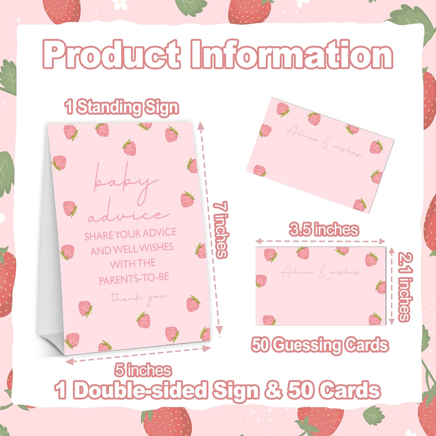 Baby Shower Games For Girl, Strawberry Advice Cards For Parents To Be, 1 Standing Sign With 50 Advice Cards For Gender Reveal Party Decorations Supplies Announcement - A01