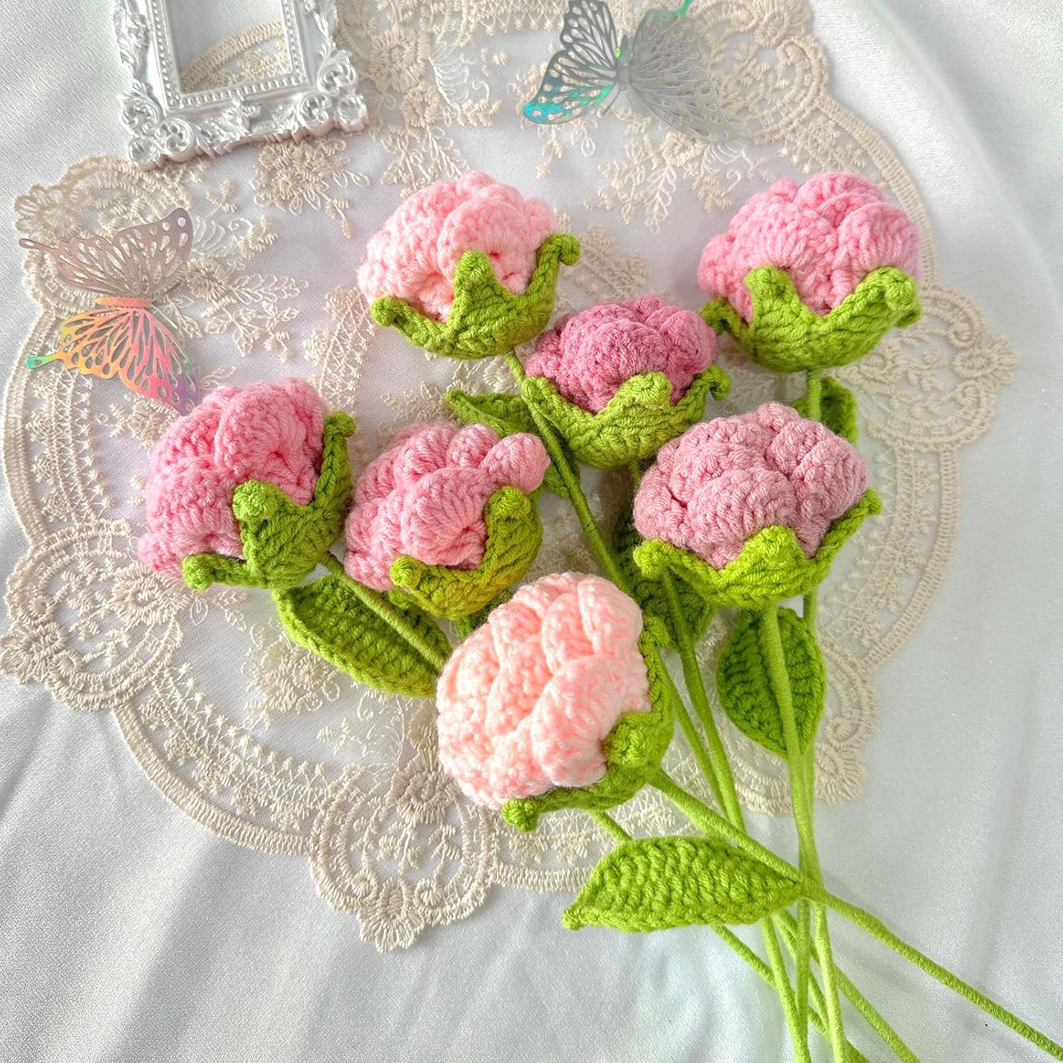 Crochet Rose Flowers, 7Pcs Crochet Flower Bouquet Artificial Pink Rose Bouquet Knitted Flowers Gift For Women Home Office Wedding Table Decor