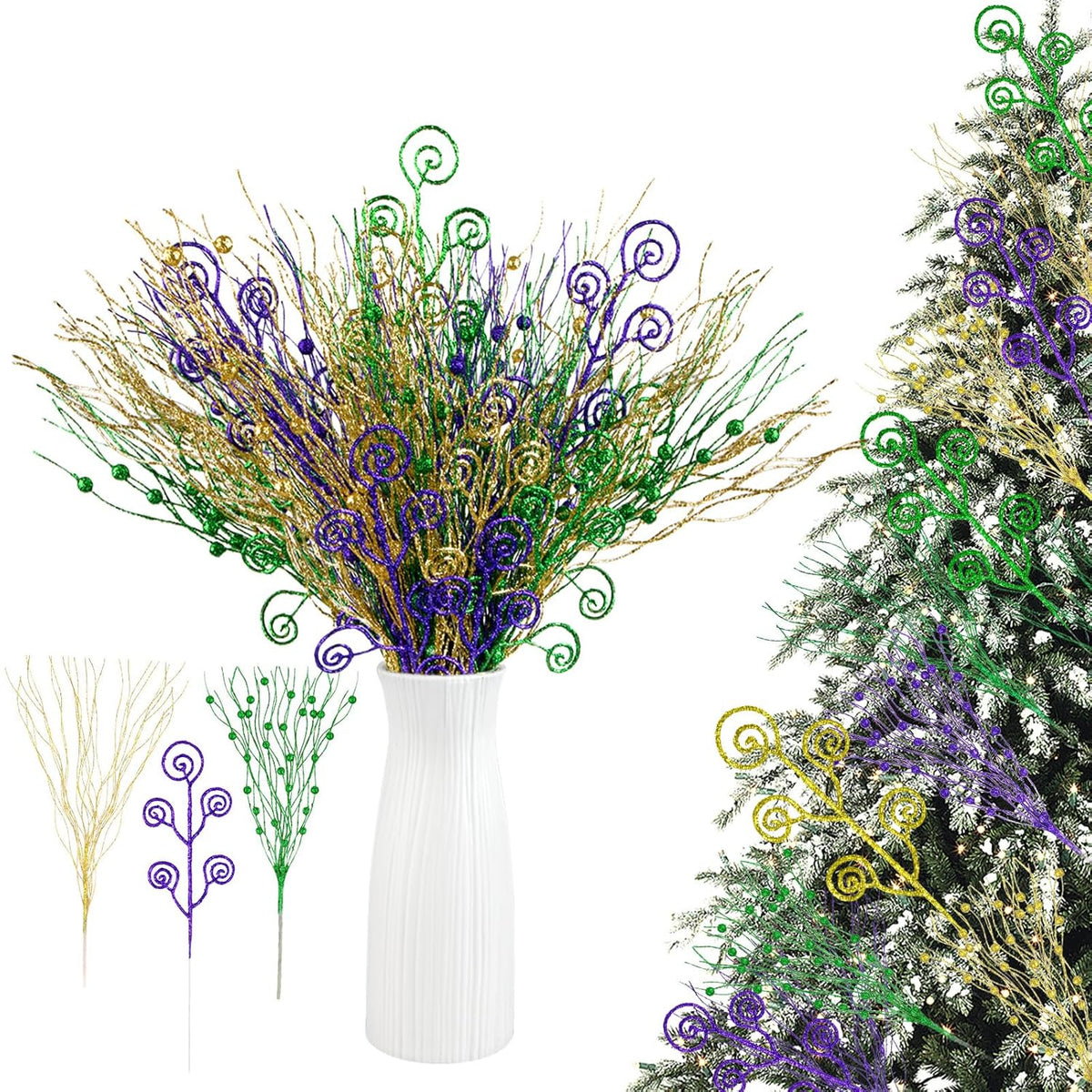 36 Pcs Mardi Gras Decoration 15.8 Inch Mardi Gras Tree Picks Artificial Glitter Purple Green Gold Berry Stems Ornaments For Carnival Party Home Decoration