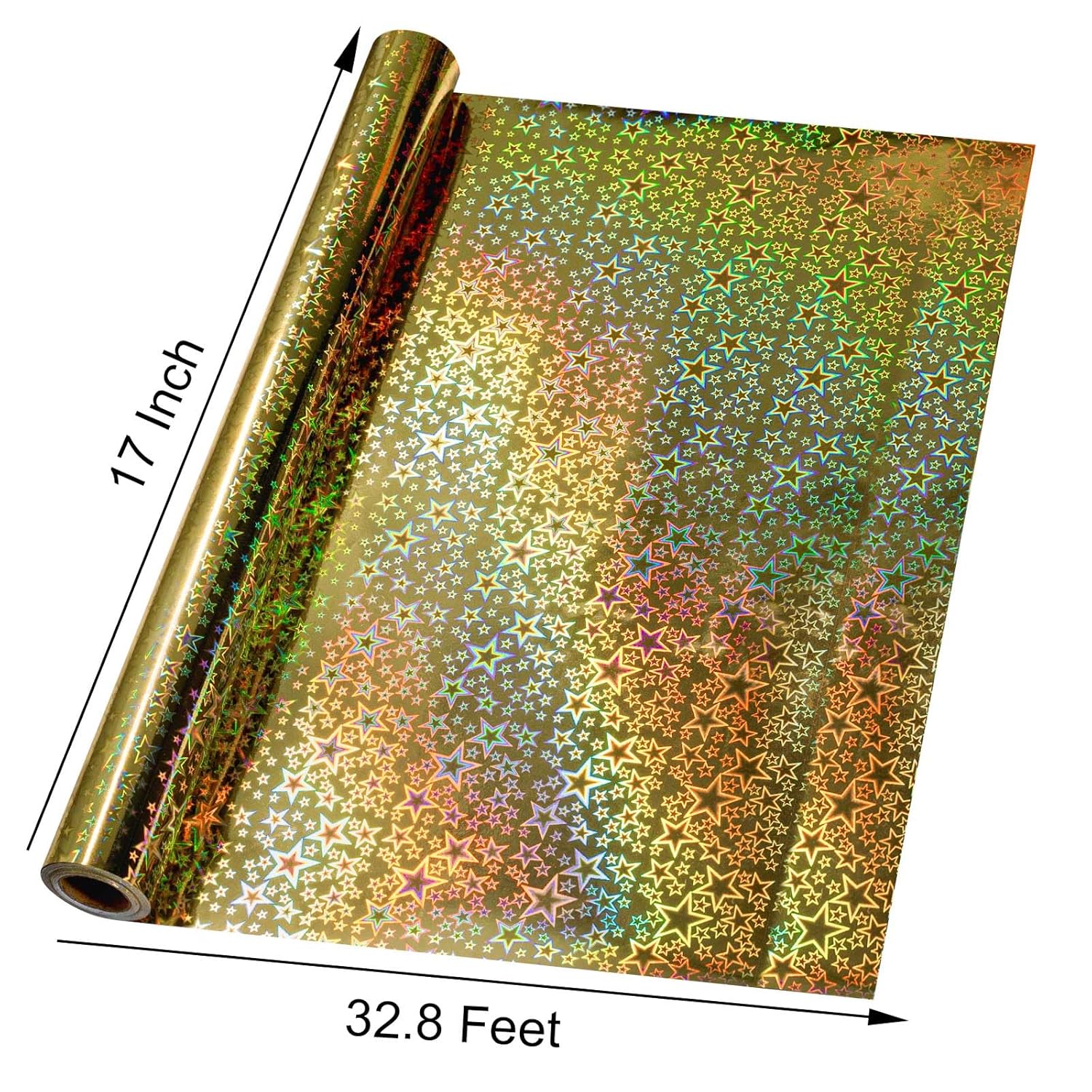 Holographic Wrapping Paper Roll, Gold Stars Foil Design Gift Wrap Paper Mini Roll 17 Inches X 32.8 Feet For All Occasion Wedding Party Bridal Shower Birthday Christmas