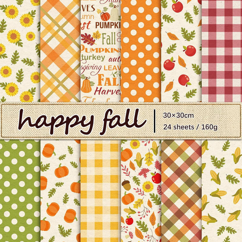 24Pcs Fall Pattern Paper Autumn Leaves Pumpkin Plaid Waves Scrapbook P