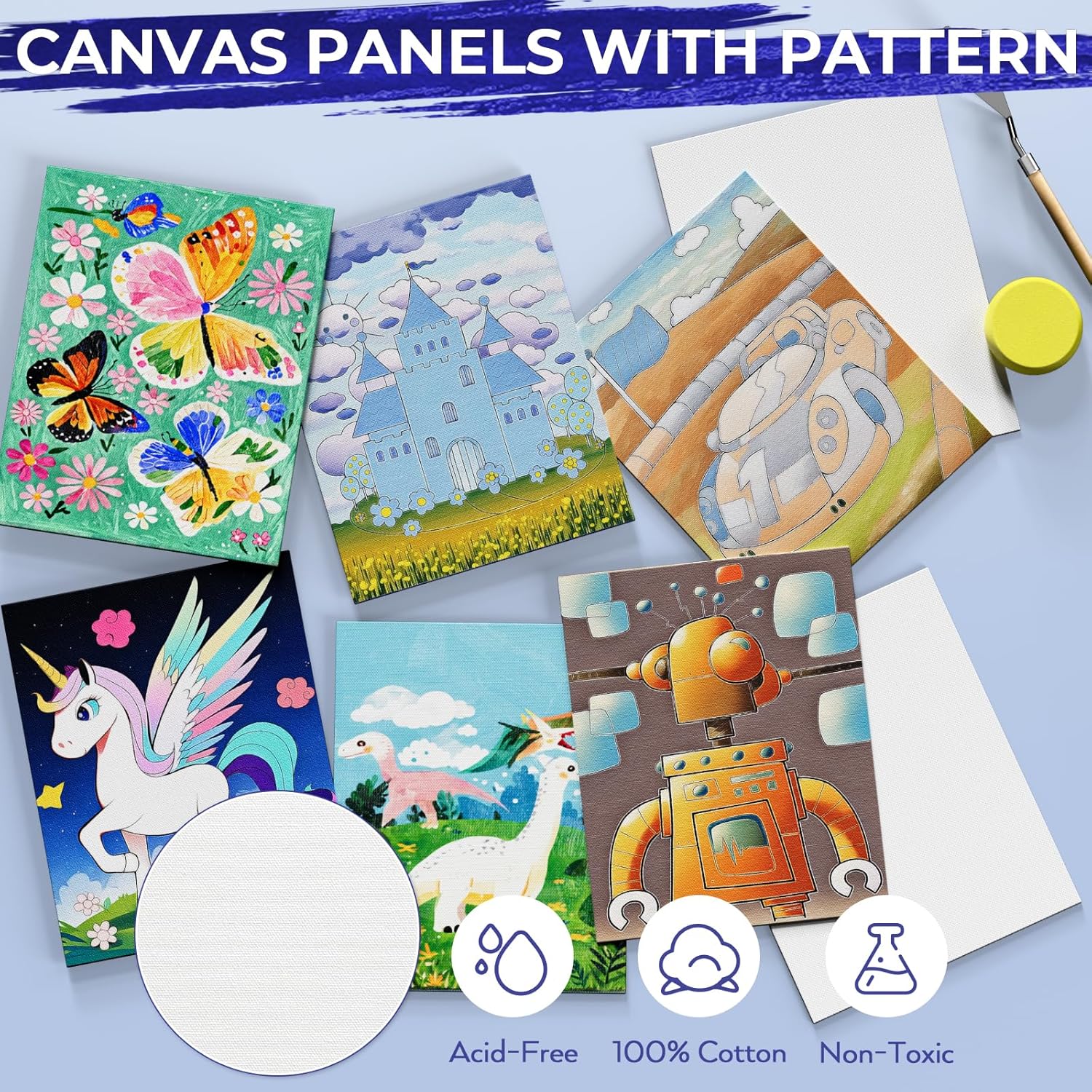 72Pcs Kids Painting Set With Pattern Canvas, Art Painting Supplies Kit With 24 Acrylic Paints,10 Brushes, 8 Canvas Panels,Table Easel,Paper Pad,Color Wheel,Palette For Beginner Students