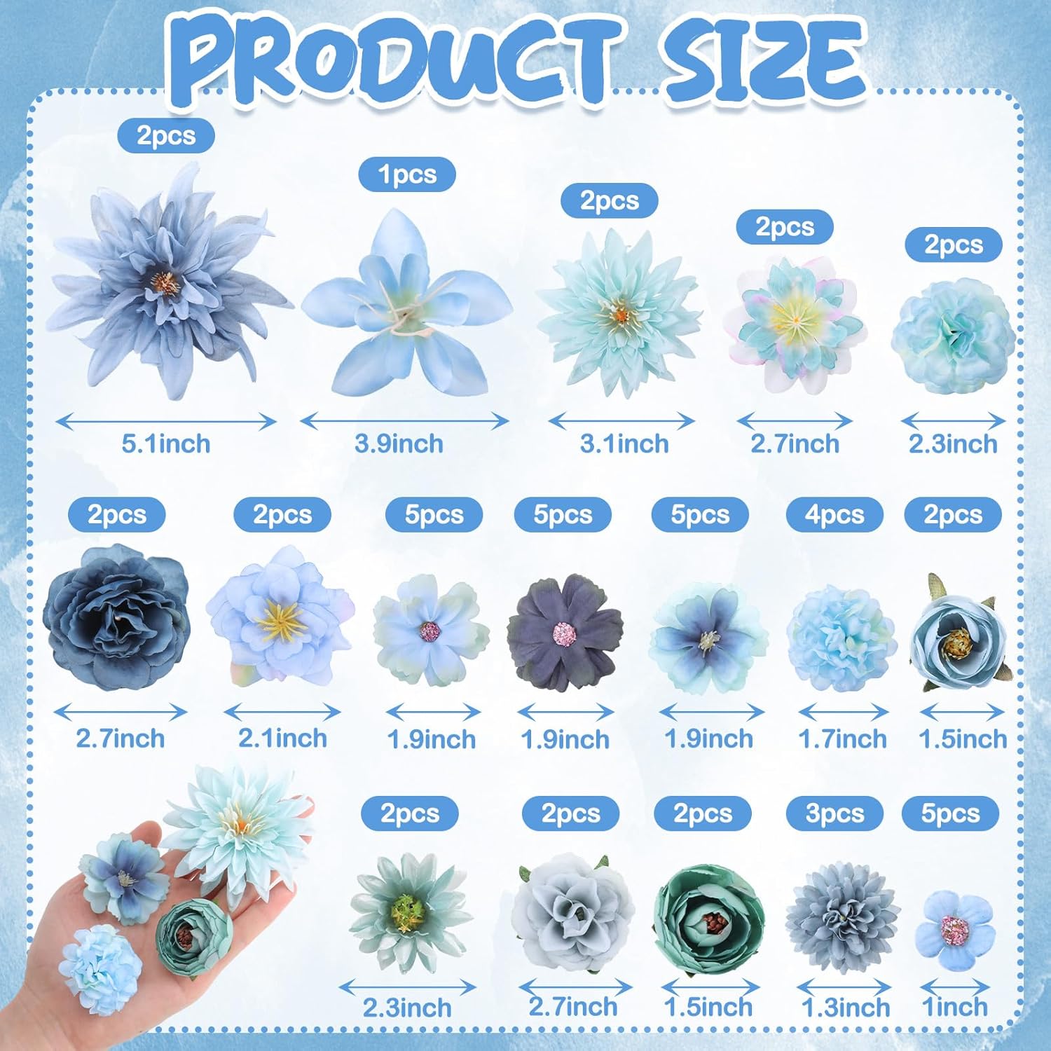 48 Pcs Blue Fake Flower Heads For Crafts Bulk Small Fake Flower Heads Silk Artificial Faux Rose Daisy Peony Decoration For Wedding Graduation Cap Cake Topper Baby Shower Home Party Decoration