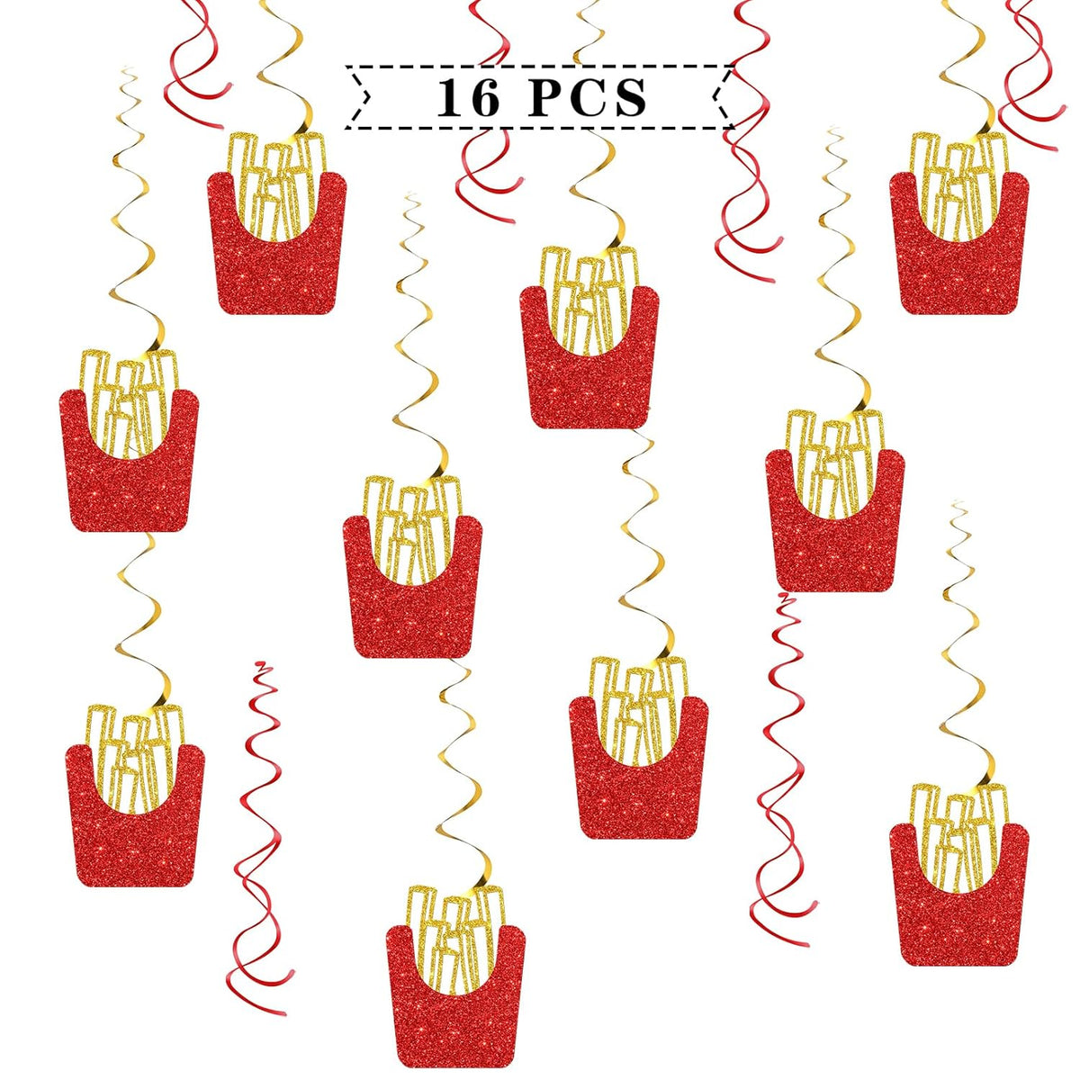 French Fries Sign Hanging Swirl Decorations - Glitter 16 Pcs Fast Food Party Supplies - Girls Boys Birthday - Engagement - Wedding Streamers - Potato French Fries Party Foil Swirls Ceiling Decorations