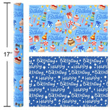 Light Blue Wrapping Paper, Reversible Happy Birthday Letterings & Festive Party Icons Gift Wrap For Boys, Birthday, Baby Shower, Party (17 Inch X 16.5 Feet)