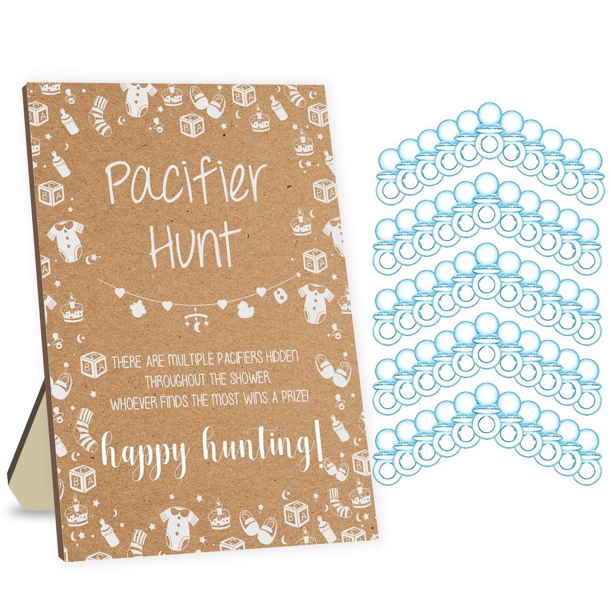 Pacifier Hunt Rustic Baby Shower Games Set - 50 Blue Acrylic Pacifiers For Party