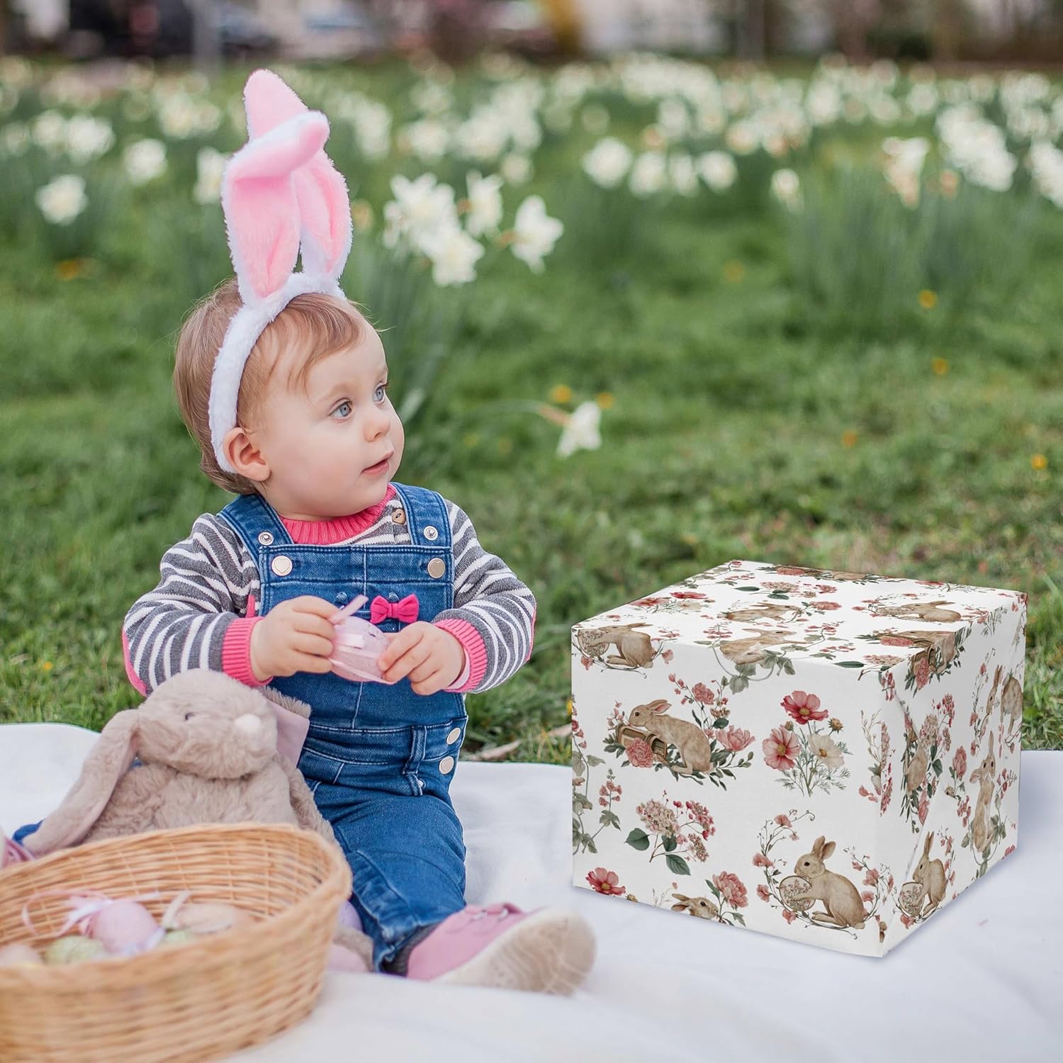 Bunny Wrapping Paper Roll - 17.5 Inches * 26 Ft. - Watercolor Floral Gift Wrap, Perfect For Easter Spring Wedding Birthday Baby Shower Mother'S Day Valentine’S Day