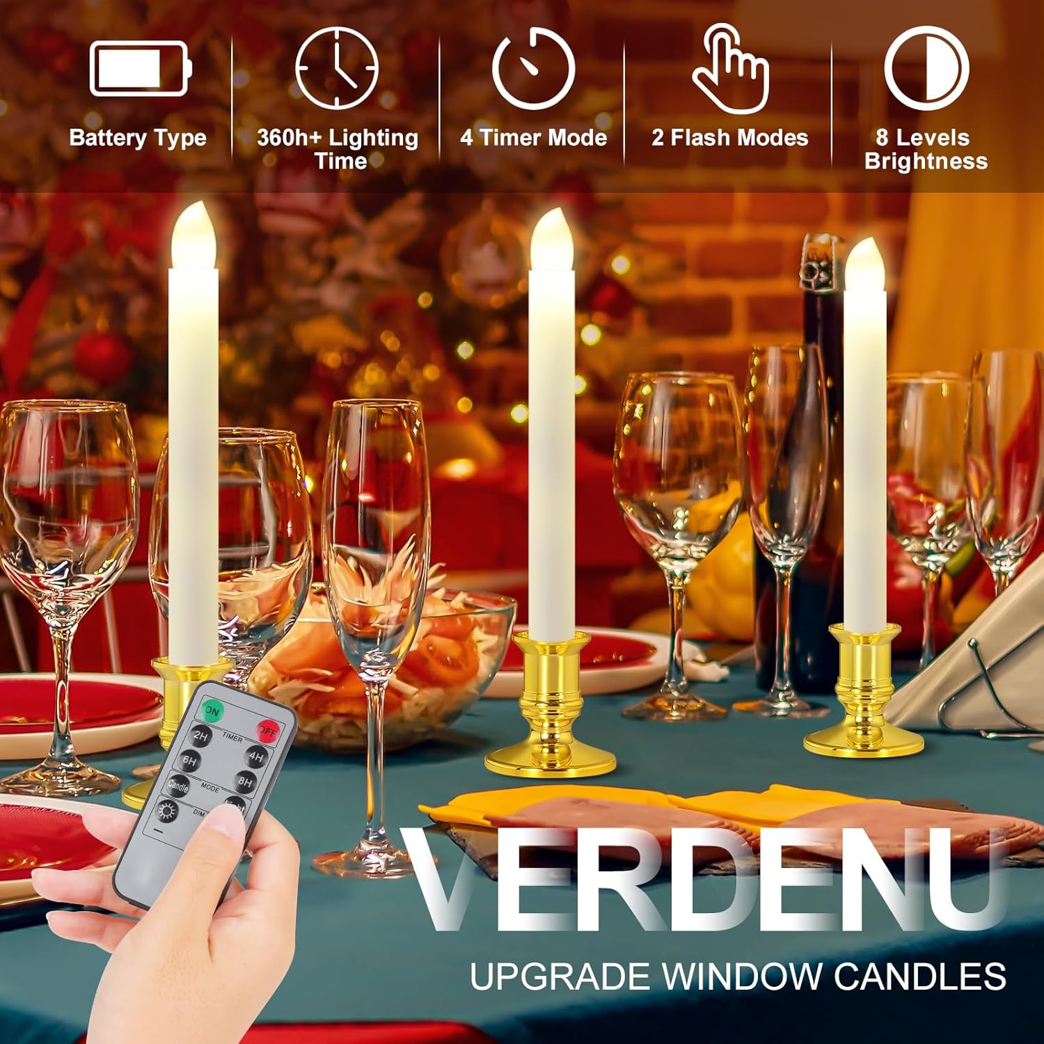 10 Pack Christmas Window Candles With Timer Remote, Battery Operated Window Candles, Electric Led Flameless Taper Candle With Holders/Suction Cups For Window Decor, Gold