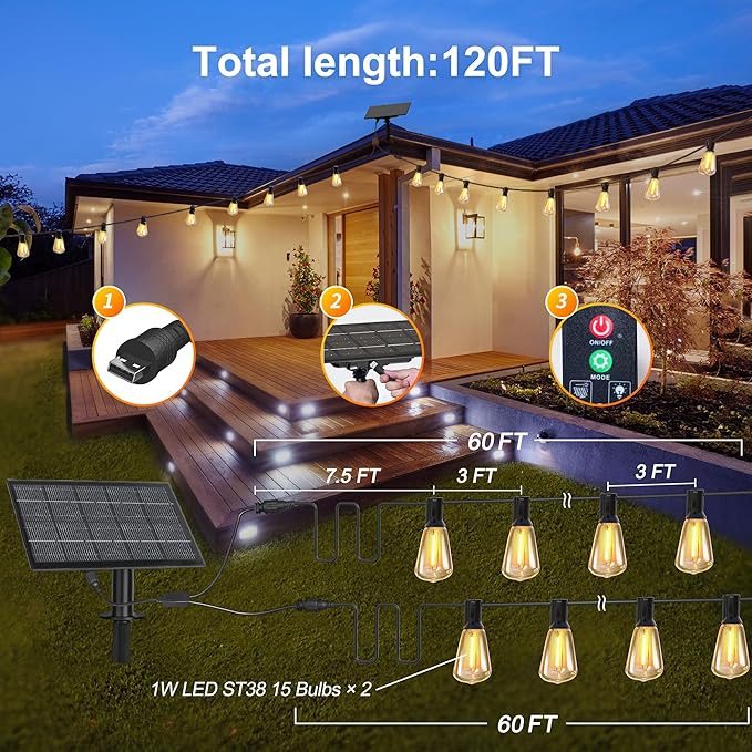 120FT Solar ST38 String Lights Waterproof Remote Control Shatterproof Patio Lights